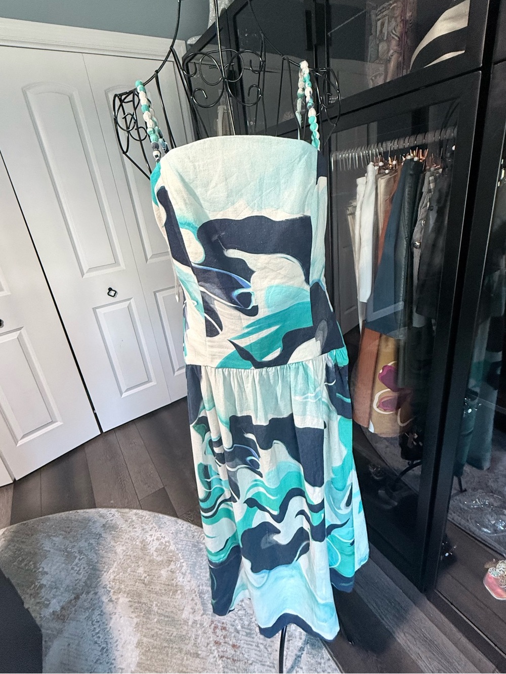Christian Lacroix Teal, Navy & White Swirl Midi Dress